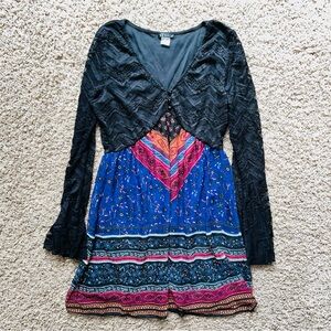 VENUS Boho Lace Long Bell Sleeve Dress Large Bohemian Mixed Media Gypsy Style L